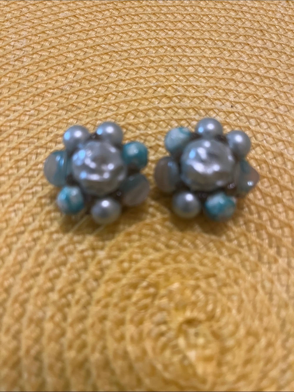 Pearl and Turquoise Cluster Stud Earrings - Blue Gray
